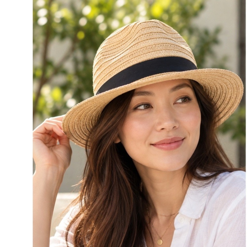 Madewell Packable Straw Fedora Hat S/M Natural Black Ban  Brim